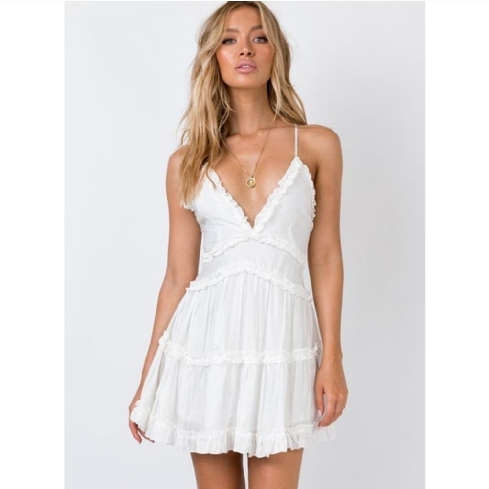 Princess Polly Dawning White Ruffle Plunge Babydoll Swing Dress Womens Size 10